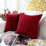 MERNETTE New Year/Christmas Decorations Corduroy Soft Decorative Square Throw Pillow Cover Cushion Covers Pillowcase, Home Decor for Party/Xmas 18x18 Inch/45x45 cm, Wine Red, Set of 2