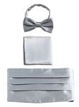 WANYING Men's Satin Cummerbund & Bow Tie & Breast Pocket Handkerchief 3 in 1 Set for Wedding Party Ball Banquet Smoking Gentleman - Plain Silver Gray