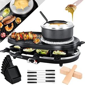 KESSER® Griglia per Raclette 3in1 con pietra naturale per grigliare, piastra per grigliare e fonduta, griglia da tavolo per 8 persone, griglia elettrica da raclette piastra antiaderente