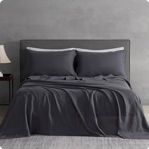 DAPU Pure Linen Sheets Set, 100% French Linen from Normandy, Breathable and Durable for Hot Sleepers, 4 Pcs Set - 1 Flat Sheet, 1 Fitted Sheet, 2 Pillowcases (Dark Gray, Queen)