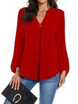 Magritta Ladies Blouses Women V Neck Shirt Long Sleeve Plain Tunic Tops for Leggings Casual Loose Fit Chiffon Tops Red Medium / 12-14