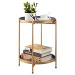 HollyHOME Round Side Table Metal End Table, 2-Tier Tray Snack Table Coffee Table Tea Table Nightstand Sofa Table for Living Room Bedroom Balcony Patio, Grey&Gold