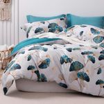 MILDLY 100% Long-Staple Cotton Duvet Cover Set Teal Green Gingko Leaf Pattern Printed Comforter Cover 3pcs, Ultra Soft & Breathable Bedding Set