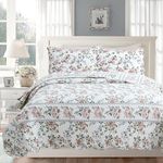 Romantic Floral Narcissus 3-Piece Soft Pink Blue Green Botanical Flower Garden Cotton Reversible Scalloped King Quilt Bedding Set by Cozy Line Home Fashions