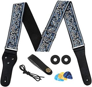 AUTOWT Guitar Strap, Vintage Embroidered Cotton Guitar Straps with Genuine Leather Ends for Bass Electric & Acoustic Guitars With Strap Locks Headstock buttoned Tie Headstock Lace Tie 3 Guitar Picks