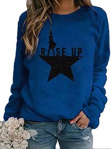 Women Funny Graphic T Shirt Round Neck Long Sleeve Rise Up Pullover Top Lightweight Sweatshirt Blue S