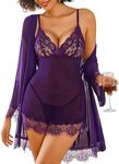 Avidlove Lingerie for Women Lace Robe Sets Mesh Kimono Robe Sexy Two Piece Set Dark Purple