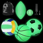 5 Pcs Glow in The Dark Sport Ball Set Official Size 9 Football Size 7 Basketball Size 5 Soccer Size 5 Volleyball Baseball with Carry Bag and Pump for Back to School Kid Teen Adult Gift