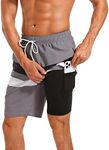 difficort Mens Swimming Trunks with Compression Liner Quick Dry Board Shorts Swimsuit with Zipper Pockets,Gray & Black & White Stripe,Medium