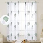 Deconovo Semi Transparent Sheer Curtains Faux Linen Rod Pocket Leaves Embroidery Net Curtains for Living Room 55 x 81 Inch(Width x Length) 2 Panels Dark Green/White 2 Panels