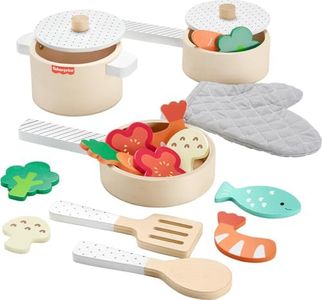 Fisher-Price Kitchen Pretend Play Wooden Pots & Pans Set, 19 Wood Pieces for Preschool Kids Ages 3+ Years