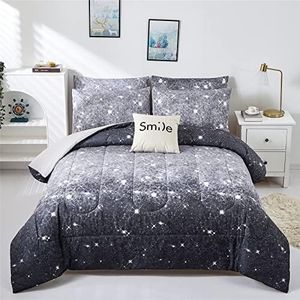 kiddiku Grey Glitter Comforter Set Full/Queen Size for Boys Teen, Sparkle Galaxy Twinkle Starlight Comforter for Kids Adult, 3 Piece Black Grey Ombre Bedding Set with 2 Pillow Cases(Grey,Queen)