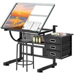 sogesfurniture Adjustable Glass Drafting Table Drawing Desk with Stool, Angle Adjustable Drawing Table Drawing Desk Tiltable Tabletop Craft Station with 3 Storage Drawers BHCA-CZKLD-029WT