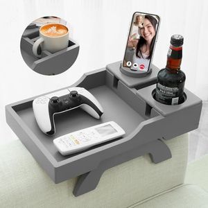 BAMBOOTRAY Couch Cup Holder, 4-in-1 Side Couch Arm Tray with Phone Holder, Sofa Clip on Side Table for Wide Couches Arm, Suitable for Home Drinks/Remote/Snacks-Grey