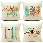 Pillow Covers Camping Theme18X18 Inch Set of 4 Throw Pillow Case Farmhouse Couch Decorative for Rv Travel Outdoor Cushion White Linen Home Decor Sofa Classroom Inspirational Words Arrows Feathers