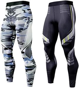 OEBLD Compression Pants Men UV Blocking Running Tights 1 or 2 Pack Gym Yoga Leggings for Athletic Workout, Black+grey Camo, Large