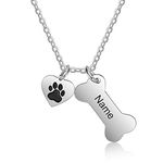 Custom Dog Bone Memorial Necklace Personalized Names Paw Print Necklace for Dog Lover - Dog Jewelry Puppy Pet Animal Pendant, Stainless Steel, Cubic Zirconia