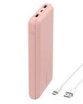 Belkin 20000 mAh PD 3.0 Slim Fast Charging Power Bank with 1 USB-C and 2 USB-A Ports to Charge 3 Devices Simultaneously, for iPhones, Android Phones, Smart Watches & More - Rose Gold