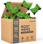 YAKAMOZ Large Body Wipes for Adults Bathing, Individually Wrapped Personal Hygiene Body Wipes for Women, Men and Elderly Disposable Washcloths for Bathing, Camping (Unscented 50 Counts)