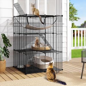 DWVO 3 Tier Cat Cage, Cat Enclosure DIY Indoor Playpen Metal Kennel with Hammock for Cats Ferret Chinchilla Rabbit Small Animals, Black
