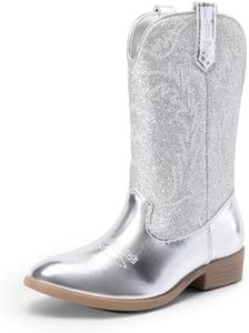 DREAM PAIRS Cowgirl Cowboy Western Boots Girls Mid Calf Riding Shoes Little Kid/Big Kid,Size 4 Big Kid,Silver,SDBO214K