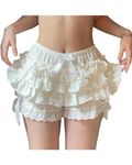 Women Y2K Mini Shorts Cute Ruffle Lace Trim Layered Short Skirt Elastic Low Waist Lolita Pumpkin Pants Pleated Pettipant Bloomers (E-White, S)