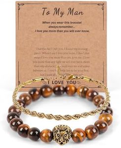 Mens Beaded Bracelets Tiger Eye 8mm Natural Stone Beads Adjustable Bracelet Set, Stainless Steel Chain Link Bracelet Jewelry for Men Gift Son Boyfriend Husband Father Him - Brown Card