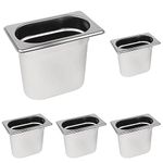 Vogue K826 Stainless Steel 1/9 Gastronorm Pan 1Ltr/150mm Deep Food Container, Silver (Pack of 5)