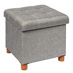 B FSOBEIIALEO Storage Ottoman with Tray, Foot Stools and Ottomans with Wooden Feet, Storage Cube Seat Linen Grey 15"