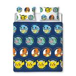 Character World Pokemon Official Double Duvet Cover Set, Gotta Design | Blue Reversible Pikachu Squirtle Charmander 2 Sided Bedding Cover Official Merchandise Including Matching Pillow Cases