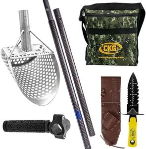 CKG Sand Scoop for Metal Detecting Stainless Steel Beach Shovel, Full Set Inccude (Metal Detecting Bag + Scoop 9x6+ Carbon Fiber Handle + Digging Tool + Grip Handle + Lether Case), Medium