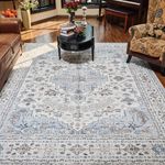 Area Rug for Living Room 8x10 Large Carpet-Machine Washable Vintage Traditional Rugs for Bedroom Dining Room Office Rug Non Slip Retro Blue & Beige