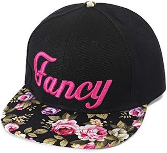 ZLYC Women Word Embroidered Floral Flat Bill Snapback Hat Adjustable Baseball Cap (Fancy - Hot Pink)