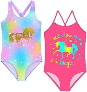 Mecamelon Girls 2 Pack One Piece Bathing Suit Unicorn Mermaid Printed Beach Swimwear, Rainbow Pink, 6-7 Years