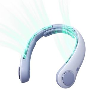 JISULIFE Ventilateur de cou portable amélioré, ventilateur personnel pour tour de cou mains libres, réglage à 5 vitesses, ventilateur rechargeable sans pales portable 3900 mAh - Bleu ensoleillé