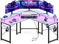 ODK L Shaped Gaming Desk with LED Lights & Power Outlets, 51" Computer Desk with Full Monitor Stand, Corner Desk with Cup Holder, Gaming Table with Hooks, White