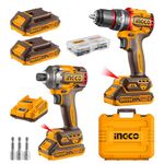 INGCO Impact Driver 285NM and Impact Drill 66NM Twin Pack, 20V Brushless Motor, with 2Pcs 2.0Ah Battery and 1Pcs Charger CKLI20277