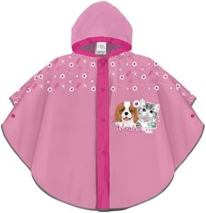 PERLETTI Cape de Pluie Fille 3 4 5 6 Ans avec Chien et Chaton - Poncho Rose avec Capuche et Boutons pour Enfant Petite Fillette - Manteau Imperméable avec Détails Réfléchissants (Chien et Chat)