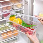 VROKLA 6pcs Fridge Storage Boxes Fridge Organizer with Removable Drain Plate and Lid Stackable Fridge Storage Containers Plastic Freezer Storage Containers for Fish, Meat, Vegetables, Fruits (1500ML)