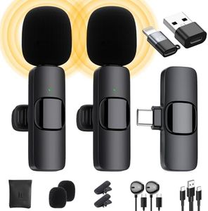 Micro Cravate sans Fil pour iPhone/iPad/Téléphone Android/Ordinateur Portable, IUMAKEVP Plug-Play Microphone à Clipser Revers avec Réduction du Bruit pour Enregistrement Vidéo/Vapeur en Direct(2 Mics)