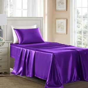 GOLAL Satin Sheets Twin Size - 3 Pieces Luxury Silky Soft Bed Sheets for Kids, Wrinkle-free Dark Purple satin silk sheet set with 1 Deep Pocket Fitted Sheet, 1 Flat Sheet, 1 Pillow case