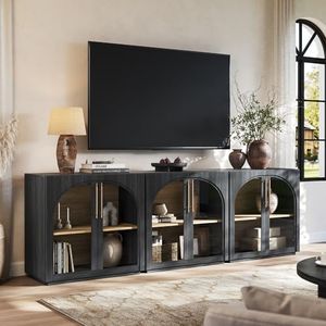 MorganBrig Buffet Cabinet with Storage, 94.5'' Wide Arched Sideboard Cabinet with Glass Doors & Adjustable Shelves, Modern Display Credenza for Kitchen, Coffee Bar, Living Room, Entryway, Black