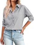 Zeagoo Womens Button Down Shirts Black and White Striped Shirt Long Sleeve V Neck Cotton Office Work Blouses Tops