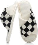 GOEWY House Slippers for Women Fuzzy Womens Slippers Indoor Outdoor Open Toe With Cross Band Corduroy Memory Foam Warm Gifts for Woman Size 11 12 Grid Beige