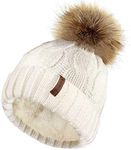 TOSKATOK Ladies Chunky Soft Cable Knit Hat with Cosy Fleece Liner and Detachable Faux Fur Pompom-Cream