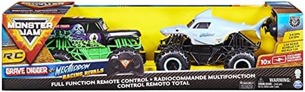 Monster Jam, Amazon Exclusive Official Grave Digger Vs. Megalodon Racing Rivals Remote Control Trucks, 1:24 Scale (Only Available On Amazon)