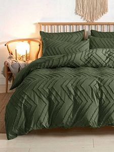 Nanko Olive Green California King Duvet Cover, 3pc Boho Tufted Microfiber Cal King Comforter Cover Set, All Season Aesthetic Shabby Chic Soft Embroidery Textured Geometric Quilt Cover 104x96 inches