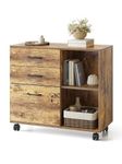 FEZIBO Rustic Brown Home Office Filing Cabinet with Lock, Printer Stand with Drawers, Movable Lateral File Cabinet, Open Storage Shelves