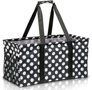 Lucazzi Extra Large Utility Tote Bag - Oversized Collapsible Reusable Wire Frame Rectangular Canvas Basket With Two Exterior Pockets For Beach, Pool, Laundry, Car Trunk, Storage - White Polka Dot