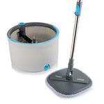 Minky Opti-Clean Spin Mop, 360° Spin & Rinse & Wringing System, Reusable Powerful Microfibre Velcro Pad, Dual Cavity 2L Bucket with Sturdy Handle, Light Grey Bucket with Dark Grey Trim & Blue Accents